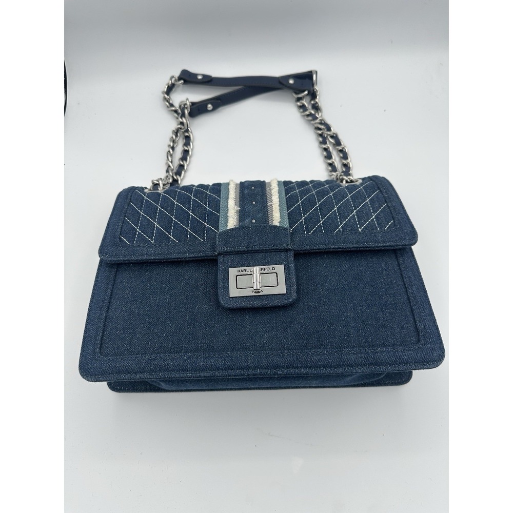 Karl Lagerfeld Agyness Signature Blue Chambray Canvas Shoulder Bag - Picture 2 of 13